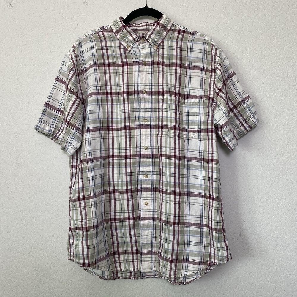 Trader Bay Mens Medium Red Plaid‎ Button Up Short Sleeve Relaxed Linen Blend
